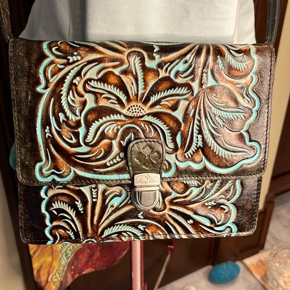 Patricia Nash New without tags  Crossbody bag  tooled Leather  bronze brown mint - Picture 1 of 17